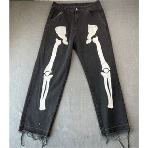 Skeleton Graphic Jeans Mens 32x29 Black Straight Leg Distressed Punk Goth Y2K